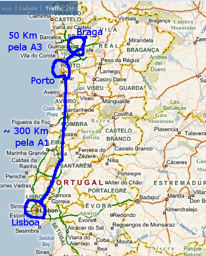 Mapa Portugal: para Braga de Lisboa