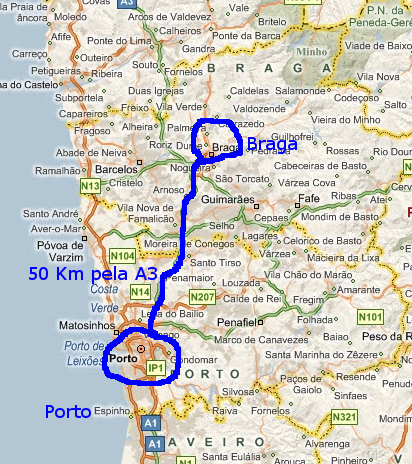 Mapa Portugal: para Braga de Porto